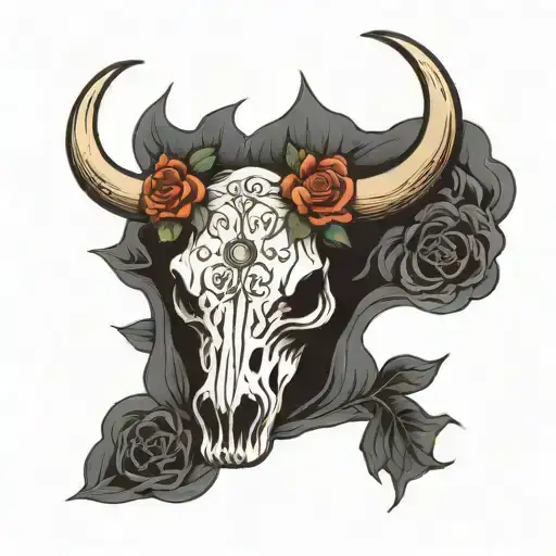 Cow Skull With Horns Flowers Cards Black And White