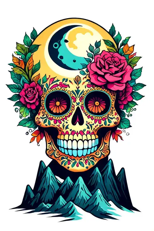 The Best Version Of Colorful Sugar Skull With A Moon Surrounded By Mountain