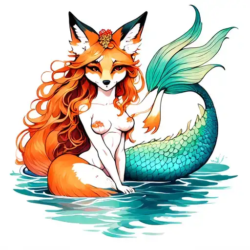 Mermaid Reaching Kitsune Fox Sitting