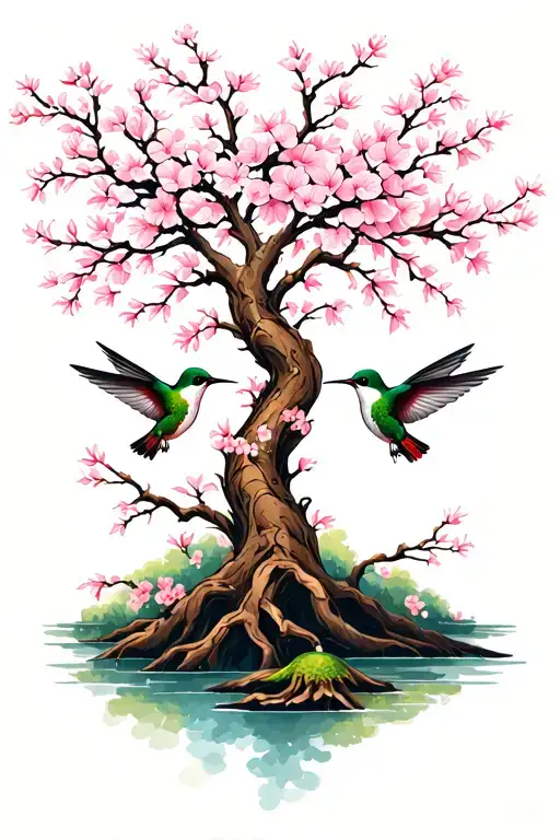 A Willow Tree Or Cherry Blossom Tree With 2 Hummingbirds Flying