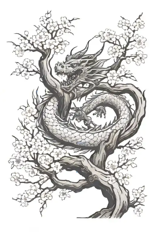 A Cherry Blossom Tree With A Dragon Wrapped Up The Tree Starting From The Trunk