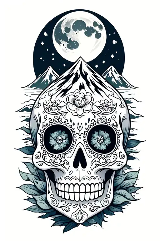 The Best Version Of Sugar Skull With A Moon Surrounded By Mountain