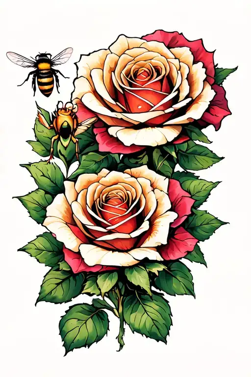 Coloured Rose And Bee Collecting Nectar