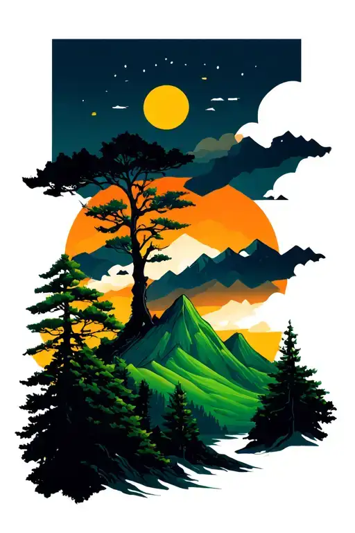 Tree Branches And Green Mountain Landscape As A Symbol Of Hope