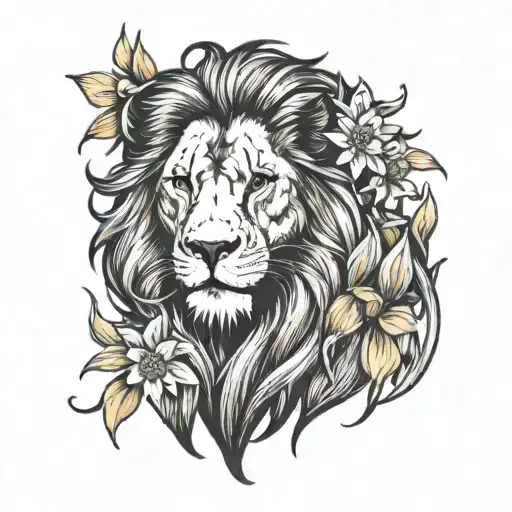 Lion With Daffodils And Daisy In Mane