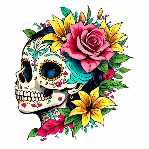 Sugar Skull Side Female Profile With Lillies And Roses