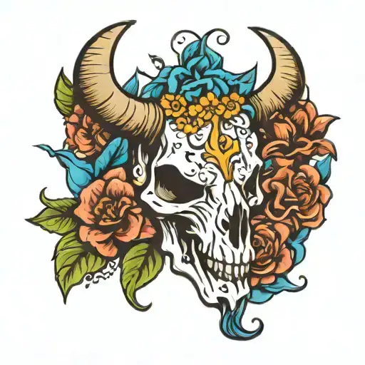 Bull Skull With Horns Flowers Cards