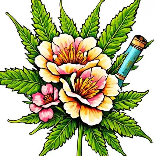 Weed Leaf A Rolled Up Joint And Flowers Growing