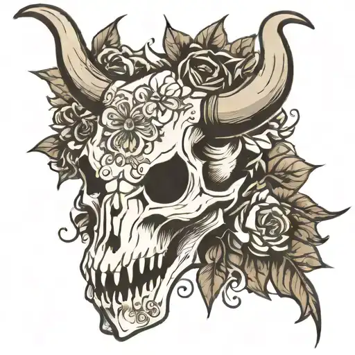 Bull Skull Flowers Cards Black And White
