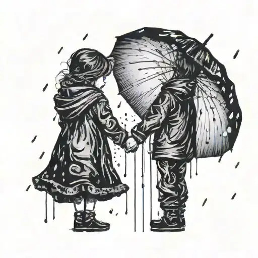 Silhouette Of Sister Holding Younger Brother's Hand In The Rain With Umbrella