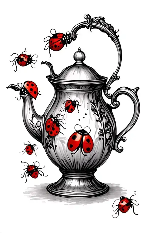 Victorian Gothic Teapot Pouring Ladybugs Bugs