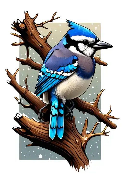 Bluejay Bird Sitting On A Dead Branch In The Winter Landscape