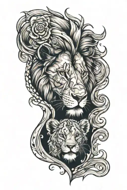 Lion Looking In Water At Cubs Face Only