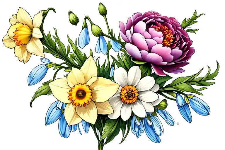 Peony Daisy Snowdrops Daffodil
