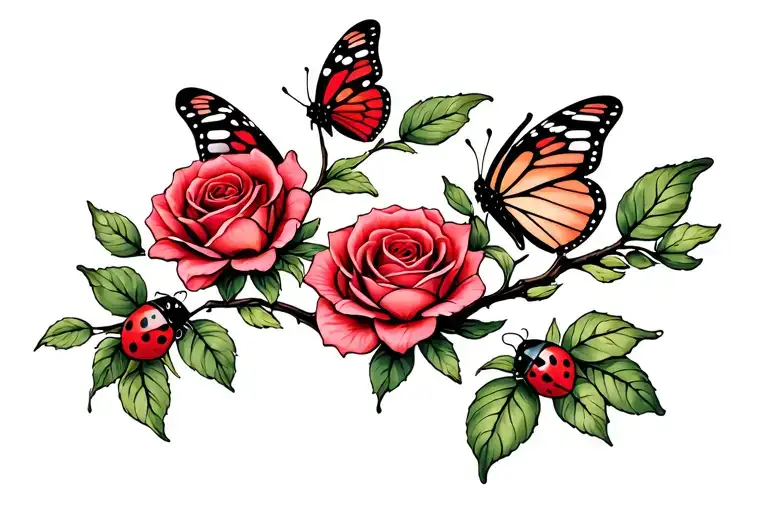 Three Roses On A Branch Horizontal Butterflies Ladybug