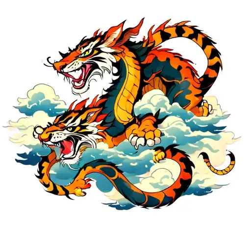 Combination Of Dragon And Tiger Above Cloud In The Night