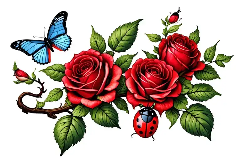 Three Red Roses On A Branch Horizontal Butterflies Ladybug