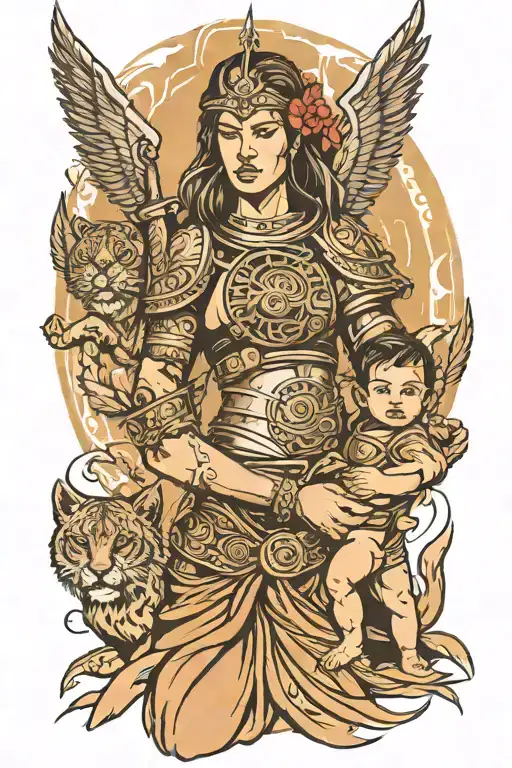Warrior Mother Protects Her Two Male Children Front Shot And Background Elements