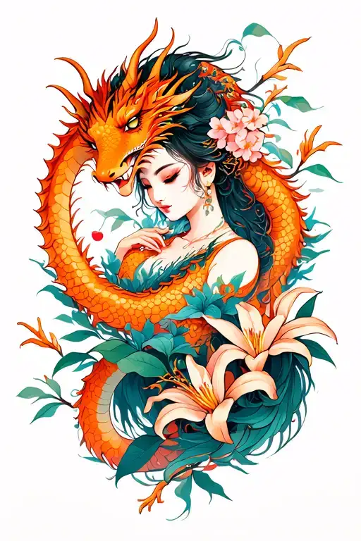 Orange Dragon With Beautiful Woman And Cherry Blossom Or Lillies