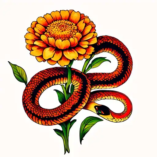 Orange Marigold Flower With Red Snake