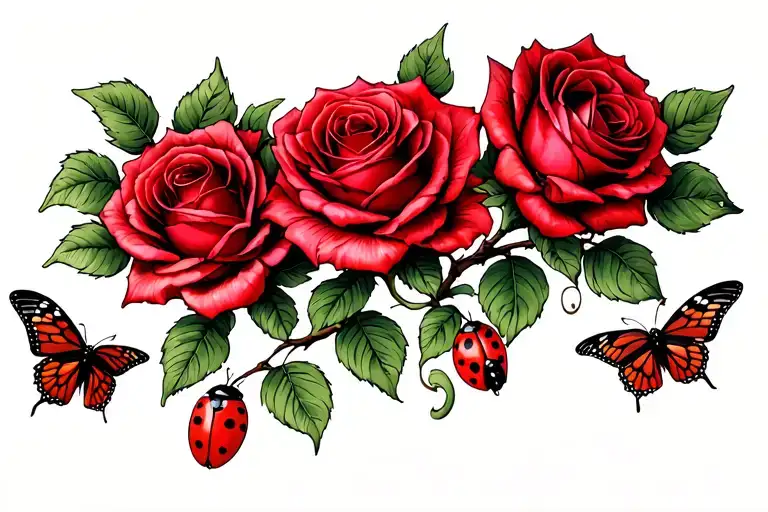 Three Red Roses On A Branch Horizontal Butterflies Ladybug
