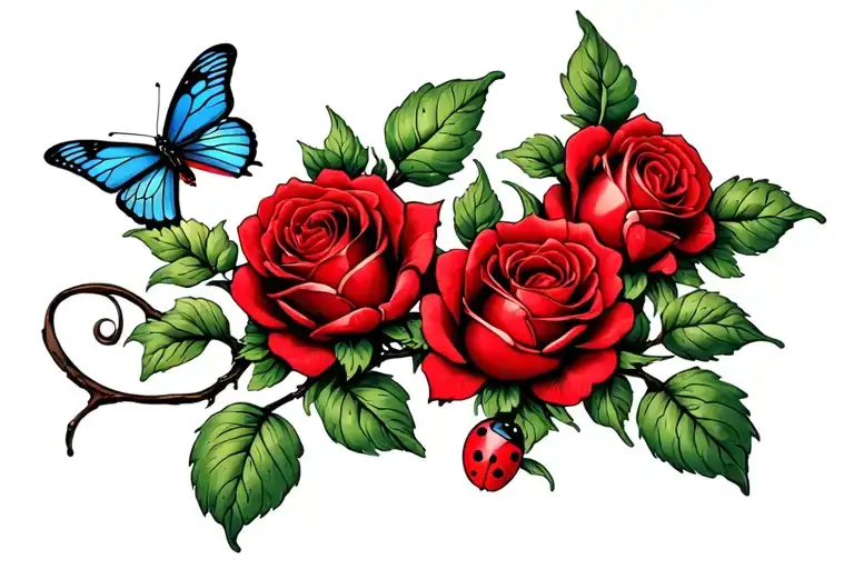 Three Red Roses On A Branch Horizontal Butterflies Ladybug