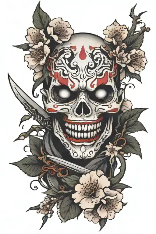 Shinigami Mask With A Dagger In It's Mouth Surrounded By Cherry Blossoms