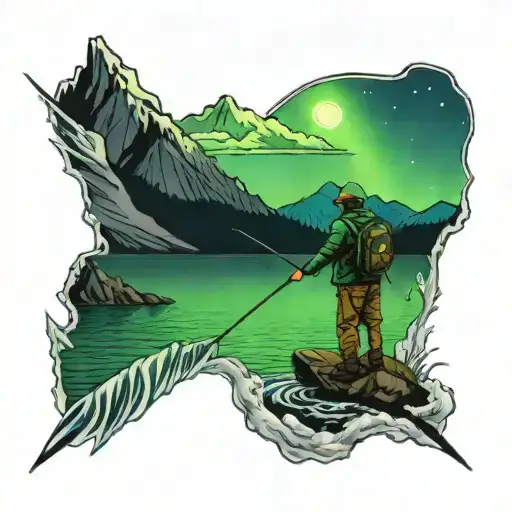 A Man Fishing With Mountains In Front Of Him At Night With The Northern Lights
