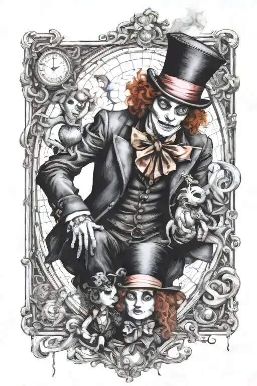 Evil Mad Hatter Holding Alice As A Marionette Hanging