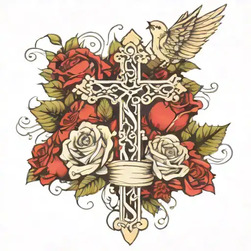 Cross And Roses And Cardinal And Vines Wrapping Cross