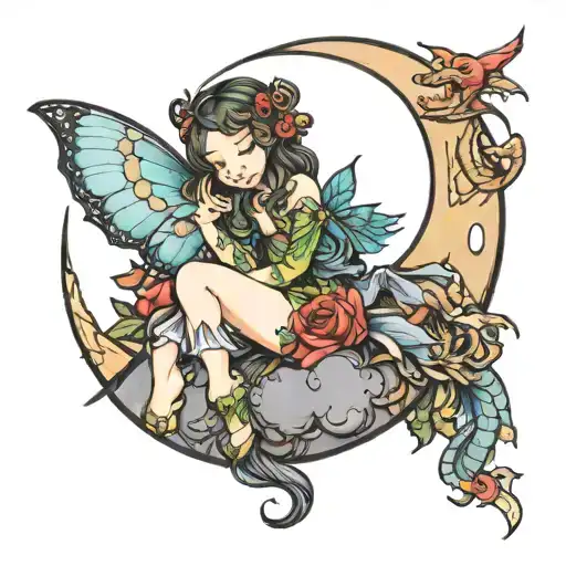 Waxing Gibbous Moon With Fairy And Dragon