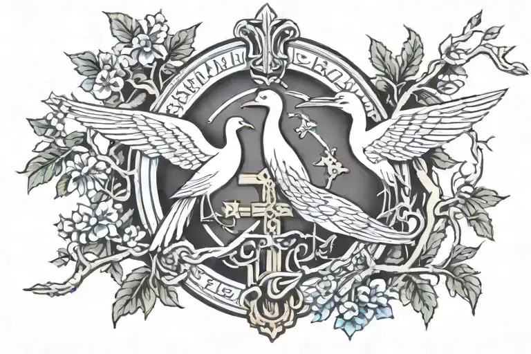 Date 1970 And 1964 With A Cross Of Jesus In The Middle Which Has A Stork's Nest On A Branch