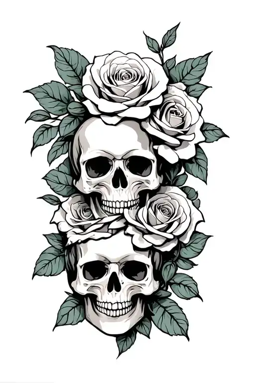 Traditional Skulls Wrapped In Traditional Rose Intertwined