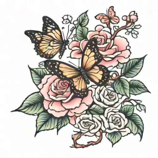 Butterfly And Cherry Blossom Tree And Roses Growing