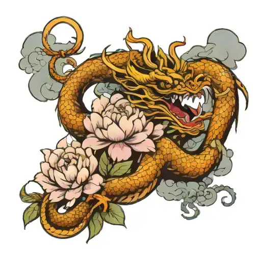 Chinese Dragon With Peonies And Clouds Surrounding