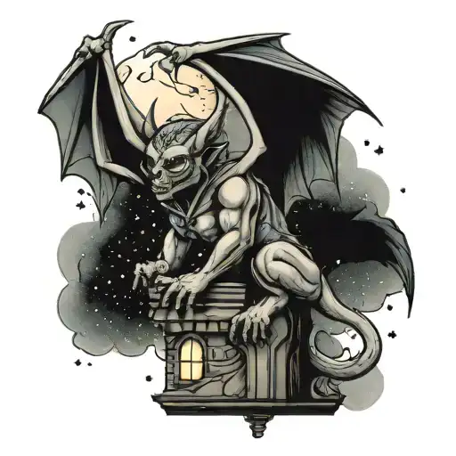 Gargoyle Perched In A Rainy Thunderstorm Under The North Star And Night Sky