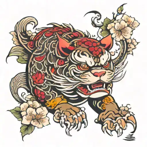 Fu Dog With Koi And Cherry Blossoms