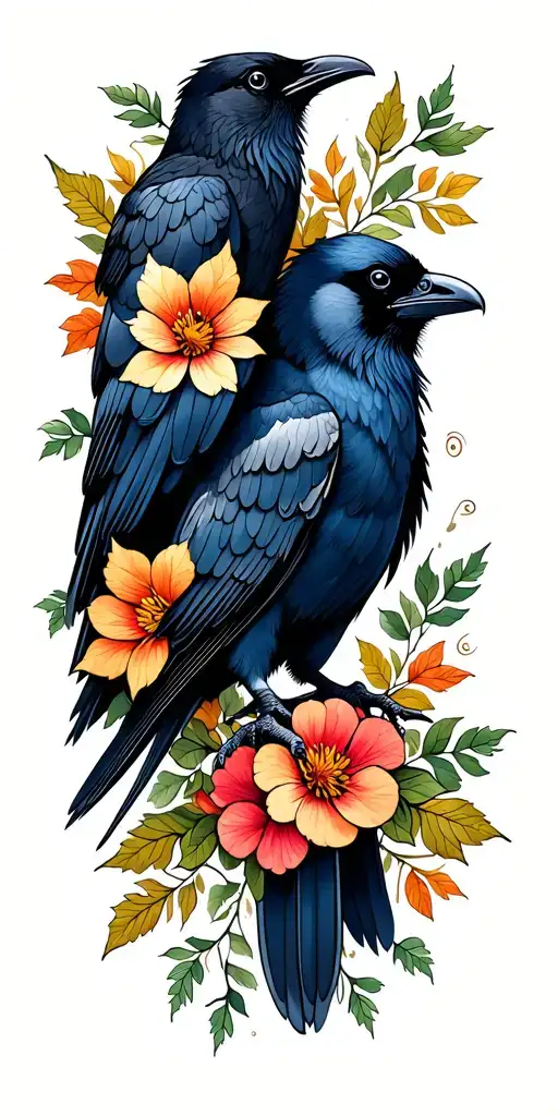 Crow And Raven Surrounded By Leafs And Flowers