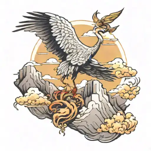 Golden Crane On Top Of A Mountain With A Feather Falling