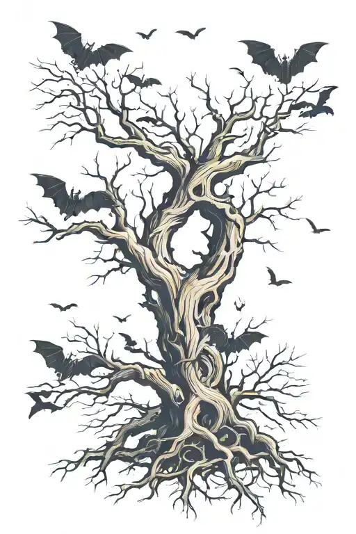Leafless Tree Forming Number 9 With Bats Flying