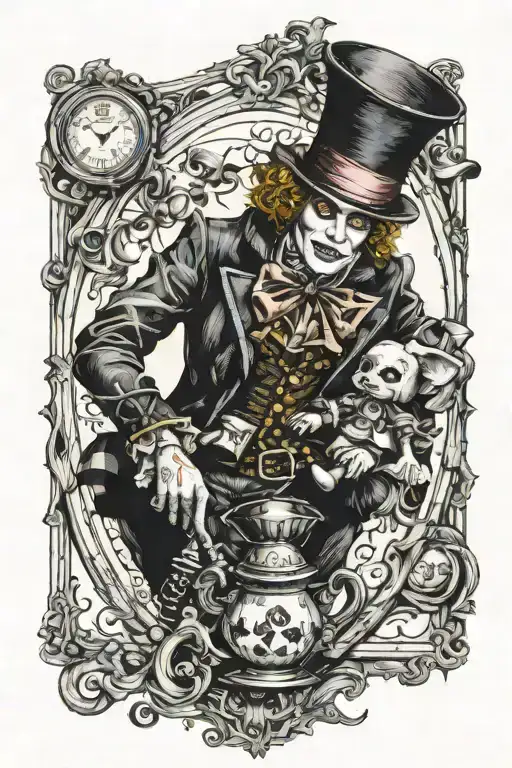 Evil Mad Hatter Holding Alice As A Marionette Hanging