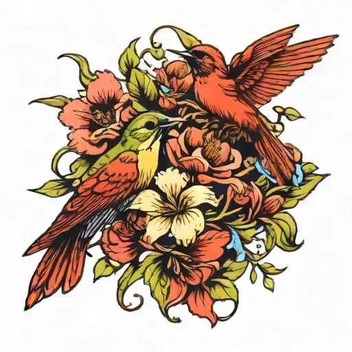 Flowers With Vines And Cardinal And Hummingbird