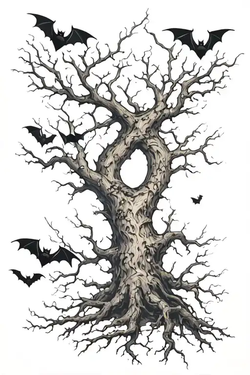 Leafless Tree Forming Number 9 With Bats Flying