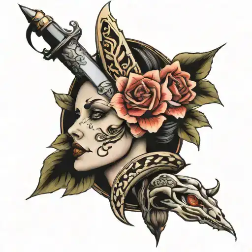 Dagger With Woman's Face Inside With Snake And Flowers