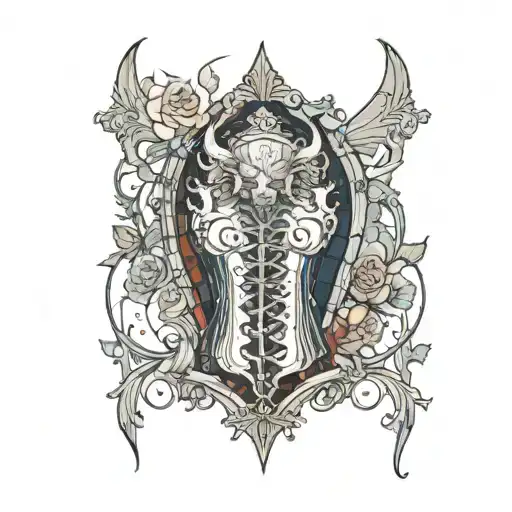 A Corset With The Center Piece A Floral Stained Glass Window With A Set Of Gargoyle