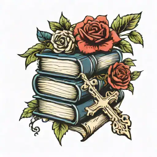 Stack Of Books With Flowers Growing From Them But All With A Christian Cross