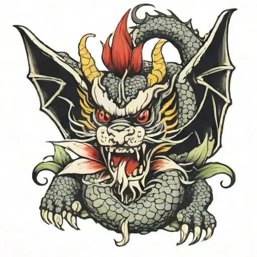 Chinese Dragon Without Whiskers Holds A Red Lily In Its Paw