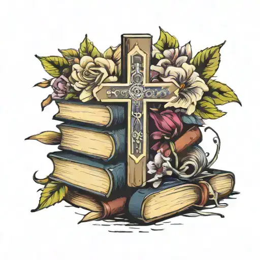 Stack Of Books Surrounded By Flowers With A Christian Cross