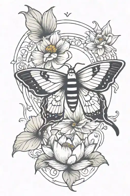 Moth And Lotus Flower With Crescent Moon