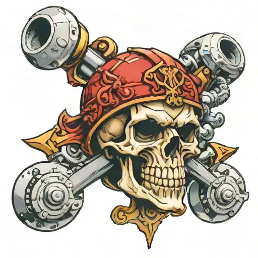 Skull Wearing Helmet And Crossing Pistons Like Crossbones Floating